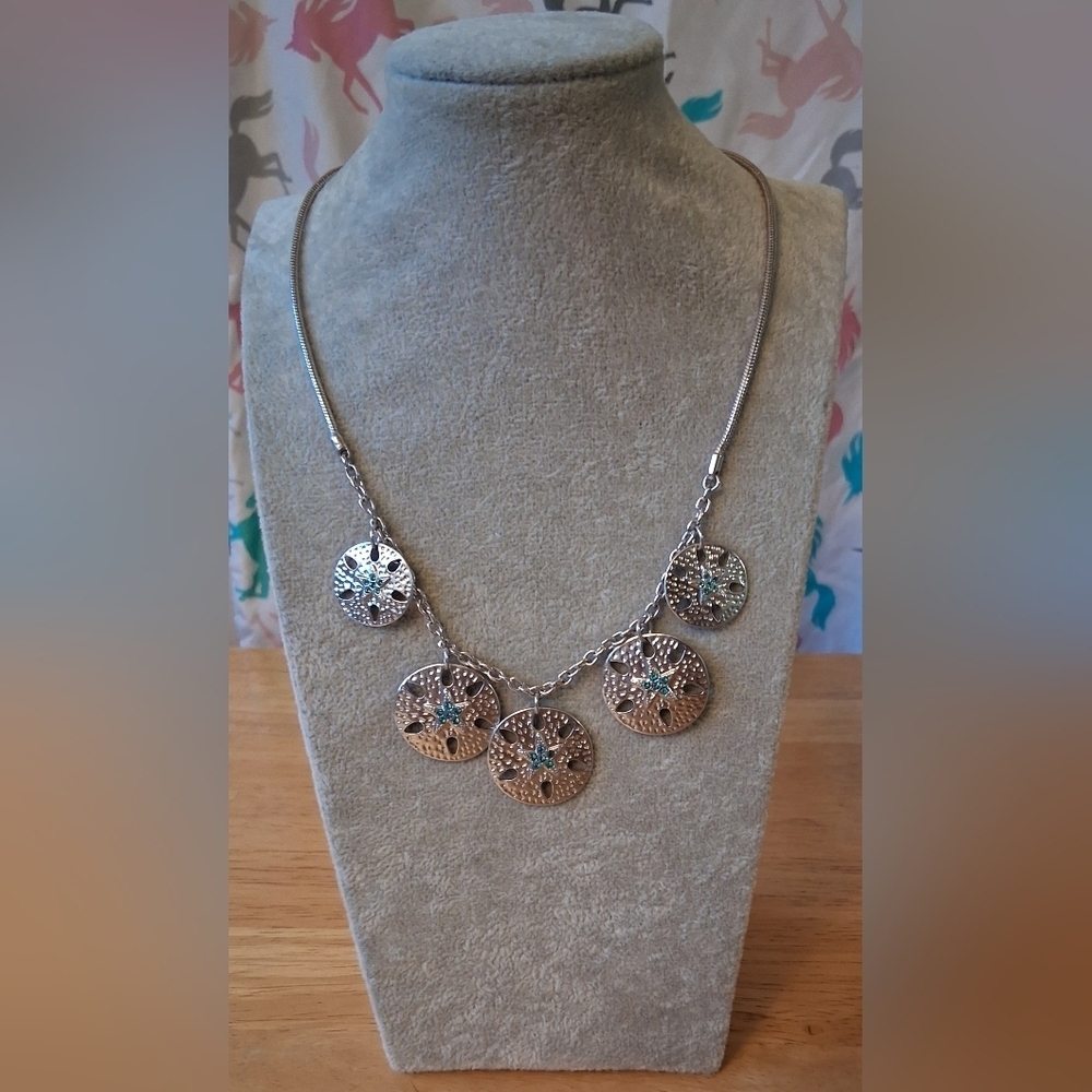 Vintage Swarovski Touchstone Crystal Blue & Silver SandDollar Necklace Jewelry